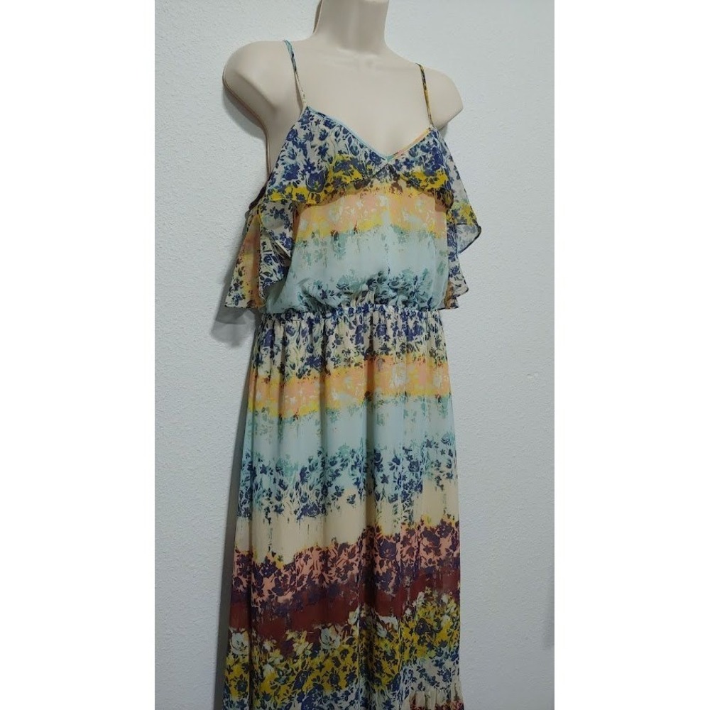 Bebe Floral Print Maxi Dress L Ruffle Tiered Spaghetti Strap V Neck Yellow Blue - Picture 5 of 13